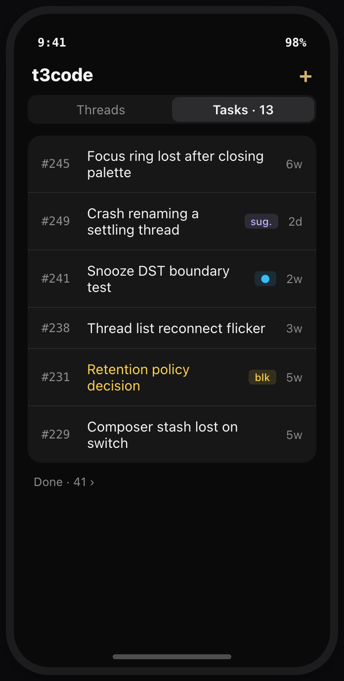 T3 Code Mobile: the project's task list segmented alongside threads, showing open, blocked, and suggested tasks.