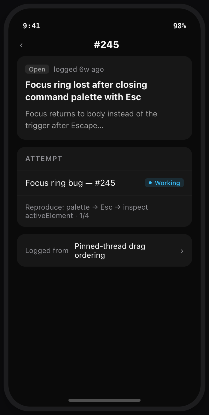 T3 Code Mobile: task #245's detail with a live attempt card showing an agent working, kept visually separate from the calm task record.
